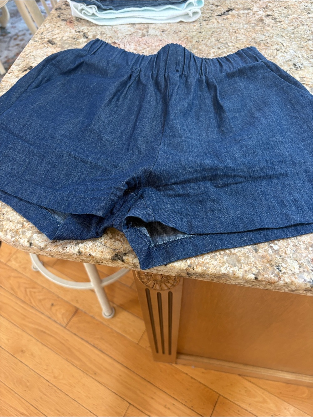 Women’s Dark Blue Elastic Waist Denim-Look Shorts